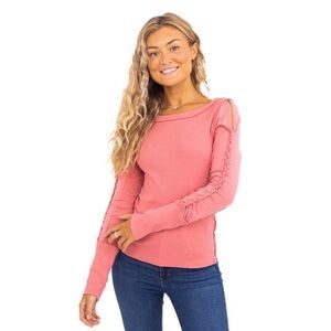 Free People coral Long Sleeve Top with openings along braided sleeves.